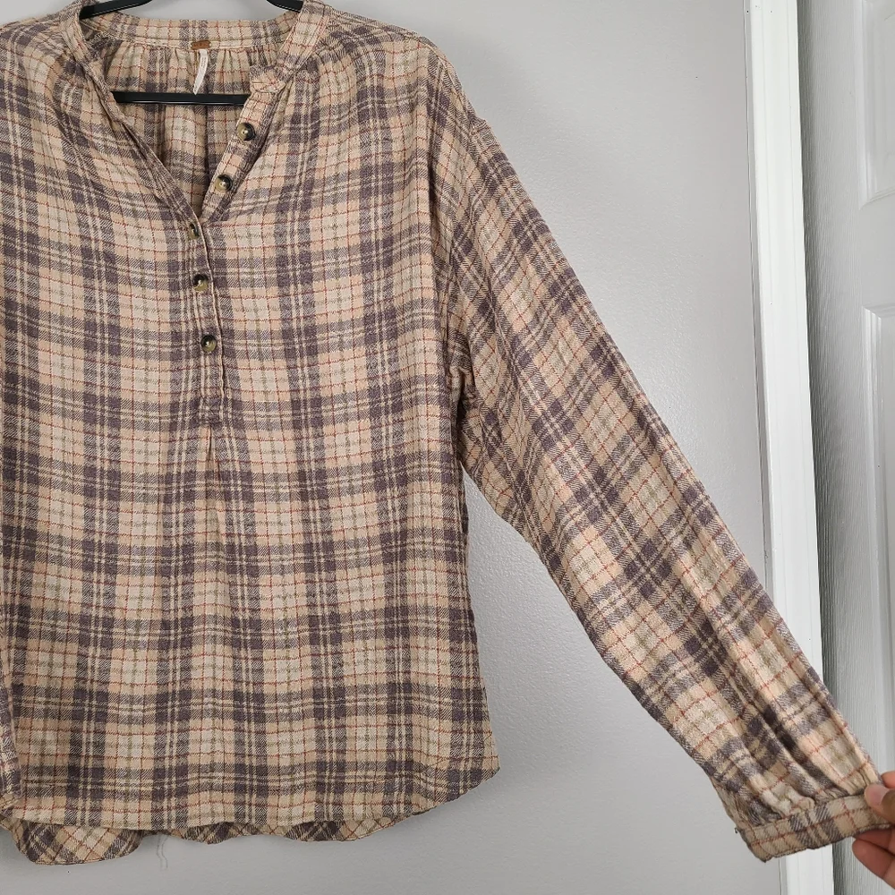 Free People Northern Bound Oversized Flannel Balloon Sleeve Top in Beige Combo